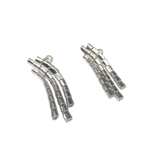 Unique Blocky Silver Tassel Earrings, Screw Back Fringe, Chunky Articulated - Picture 3 of 5